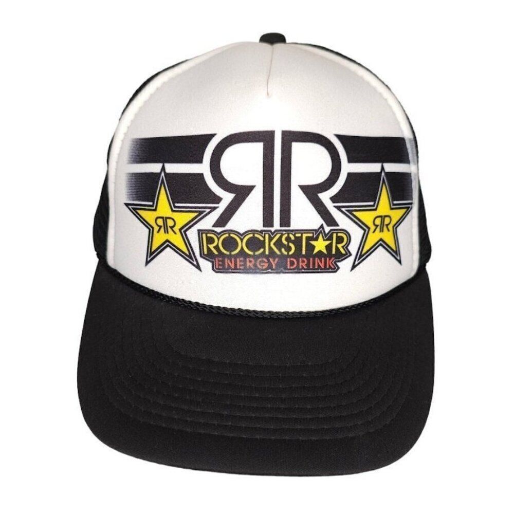 Vintage Rockstar Energy Drink Trucker Hat Mens One Size Black Y2K Snapback Rope